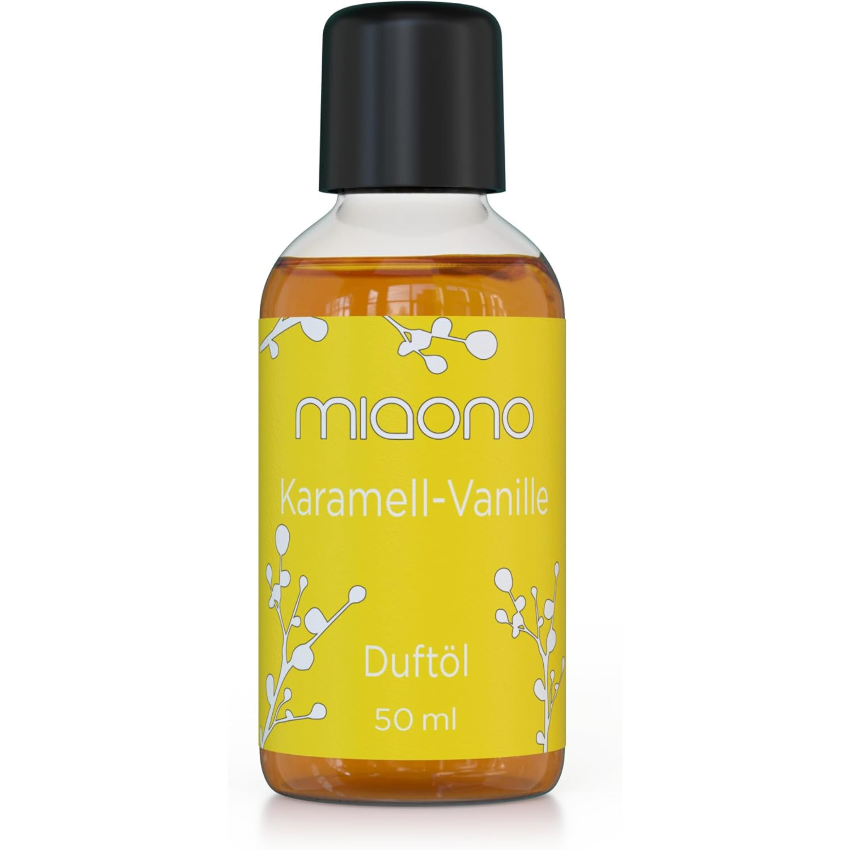 Duftöl miaono Karamell Vanille 50ml, hochwertig in Deutschland abgefüllt, mit süßem und warmem Duft von Karamell und Vanille – ideal für ein gemütliches Ambiente.