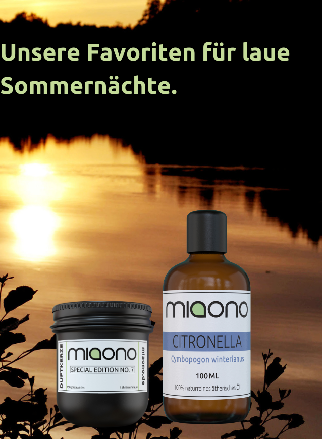 Ideal für unterwegs oder Zuhause: Das Sommernacht Set von miaono kombiniert Duftkerze & Citronellaöl für natürliche Frische und entspannte Sommerabende.