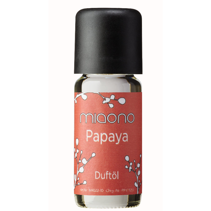 Miaono Duftöl Papaya 10ml, in Deutschland abgefüllt, mit einem fruchtig-exotischen Papayaduft – perfekt für eine belebende und tropische Atmosphäre.