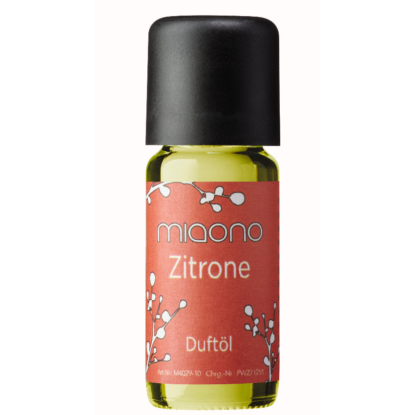 Miaono Duftöl Zitrone 10ml, in Deutschland abgefüllt, mit einem spritzig-frischen Zitronenduft – perfekt für eine belebende und erfrischende Atmosphäre.