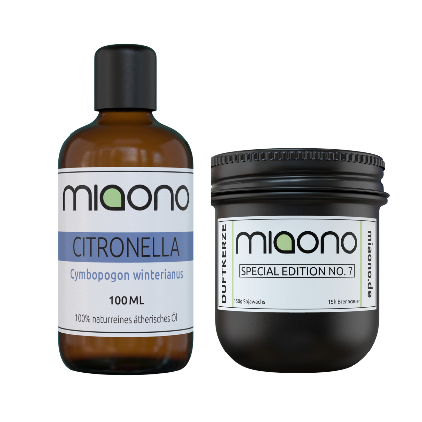 Sommernacht Set von miaono – Duftkerze No. 7 und ätherisches Citronellaöl 100ml für entspannte Sommerabende im Garten, auf dem Balkon oder der Terrasse.